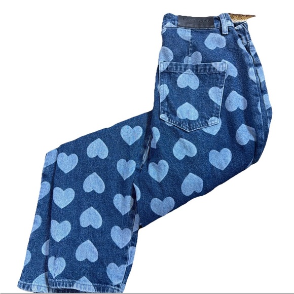 Lazy Oaf Blue Denim Straight Leg Heart Design Hi-Rise SZ 28 Elastic Waist EUC - Picture 9 of 13